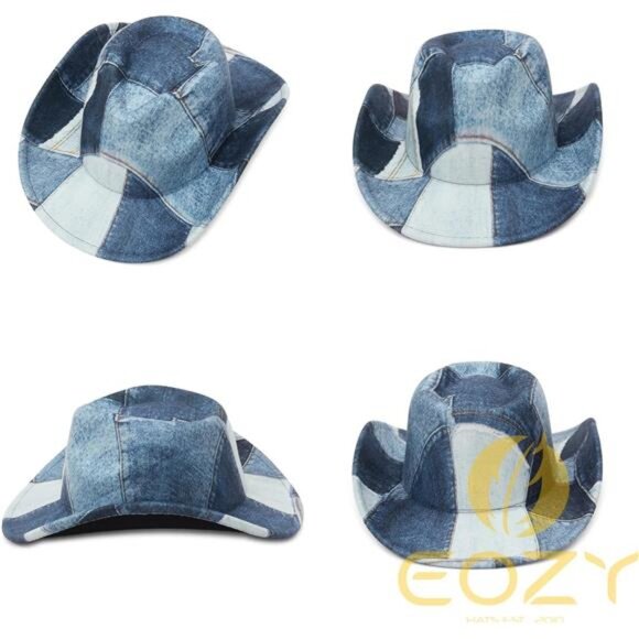 Tie Dye Denim Patchwork Cowboy Hat for Women Men Western Wide Brim Costume main image 5